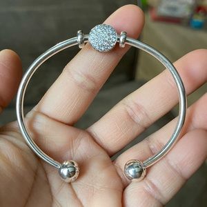 Pandora Bracelet Bangle Retired Round Charm w/ Bling CZ Stone & Stoppers EUC